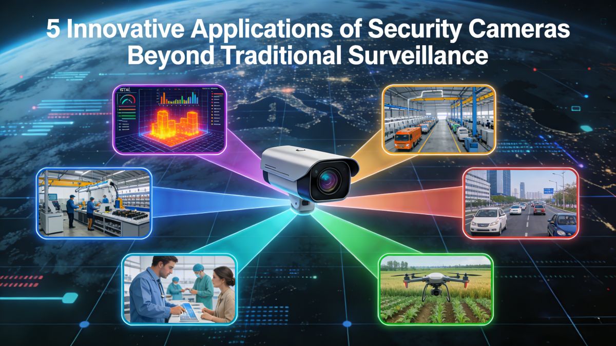 5 innovative security camera applications: retail analytics, manufacturing optimization, smart city monitoring, healthcare facility management, and agricultural surveillance