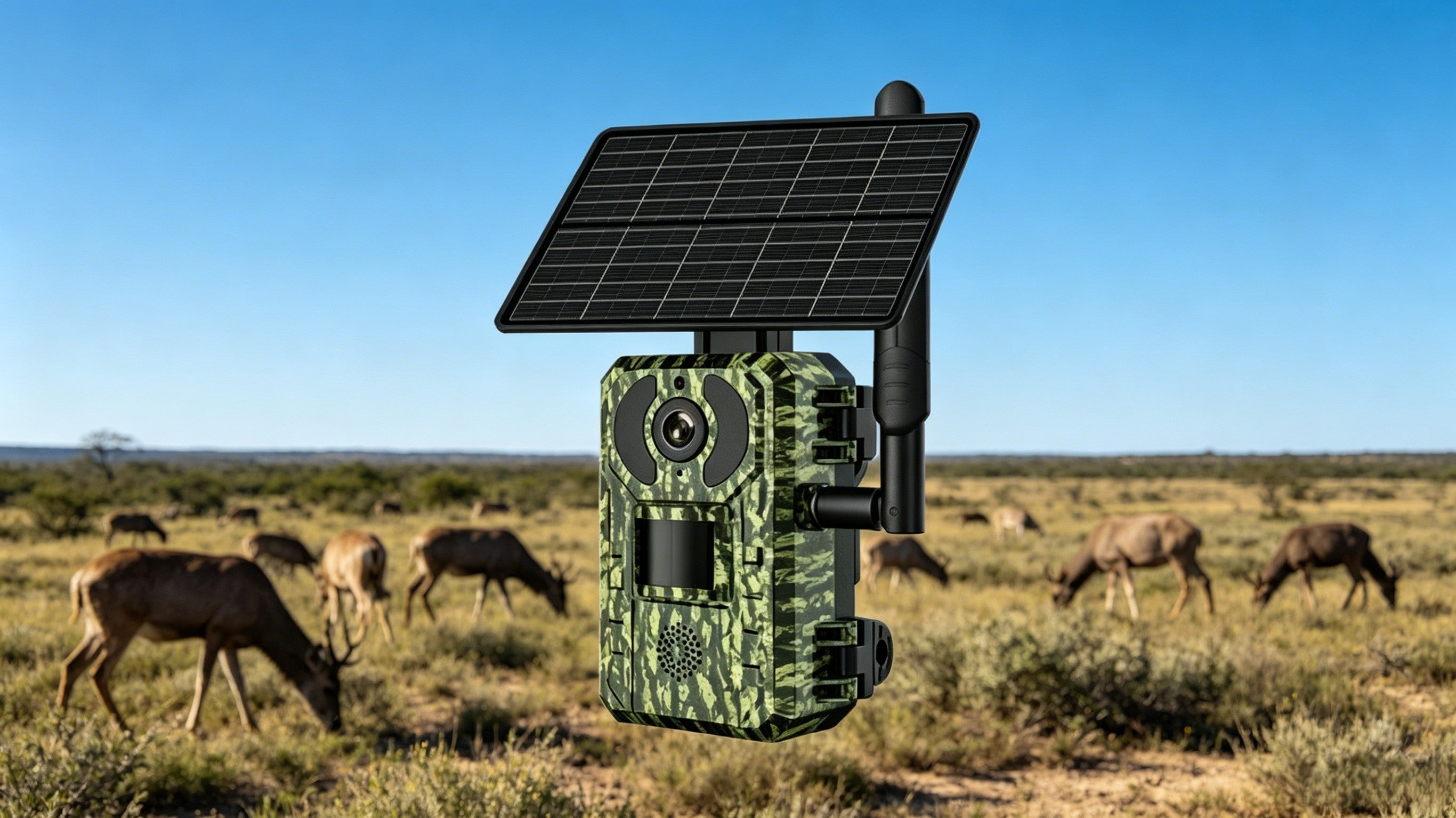 Off-grid solar security camera in wilderness setting monitoring wildlife and natural environment