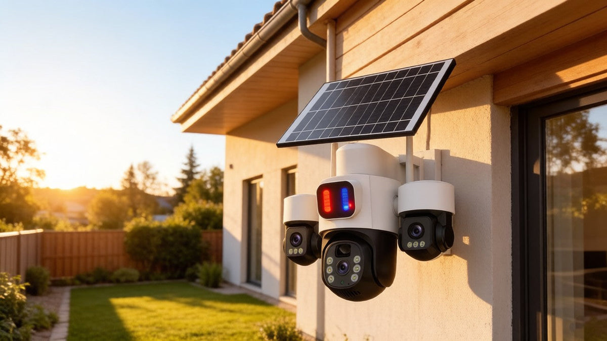 Solar-powered security camera installed on modern home exterior showing clean energy home security solution