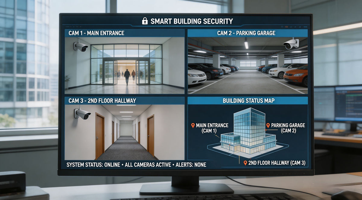 Security camera integration with smart building management system showing interconnected devices, building automation dashboard, IoT sensors, and energy management visualization