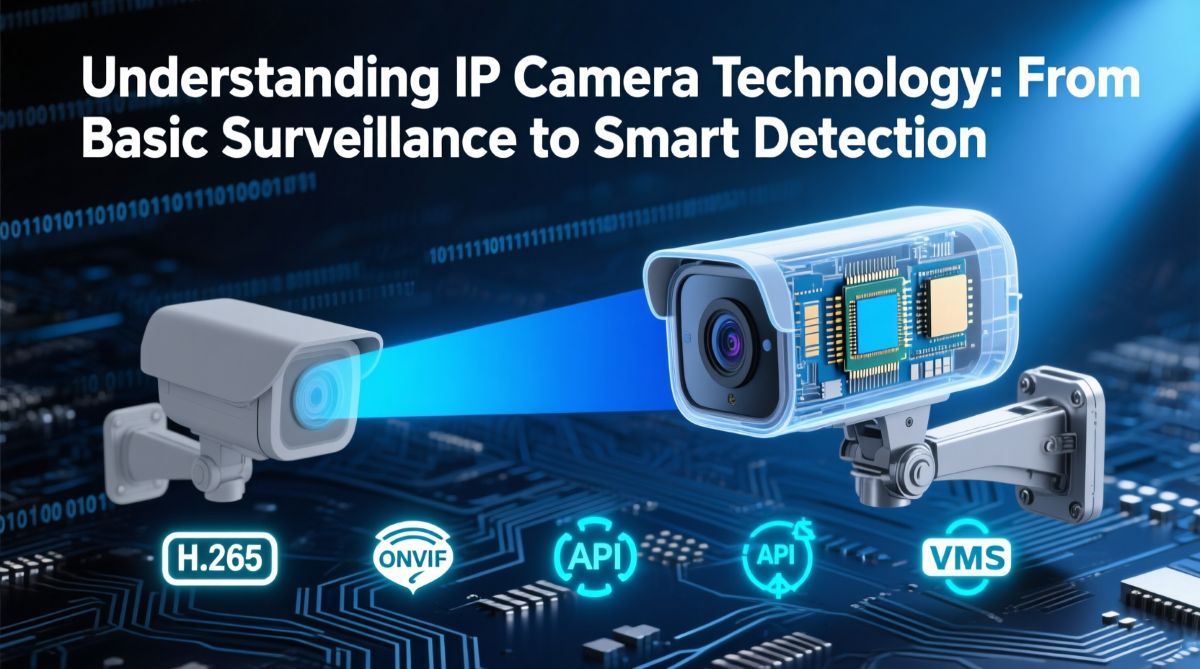IP camera technology explained with smart detection features: facial recognition, license plate recognition, H.265 compression, ONVIF standards, and VMS compatibility diagram