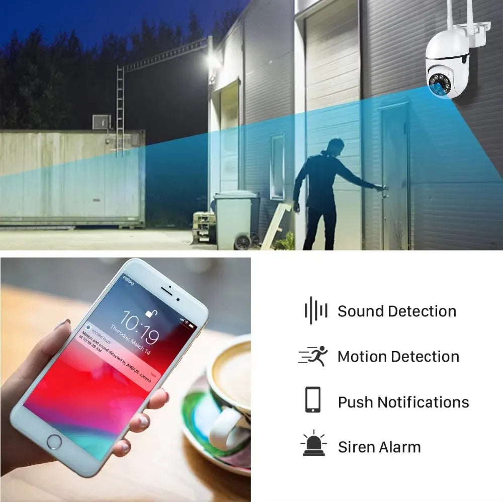 AI motion detection and siren alarm notification on phone